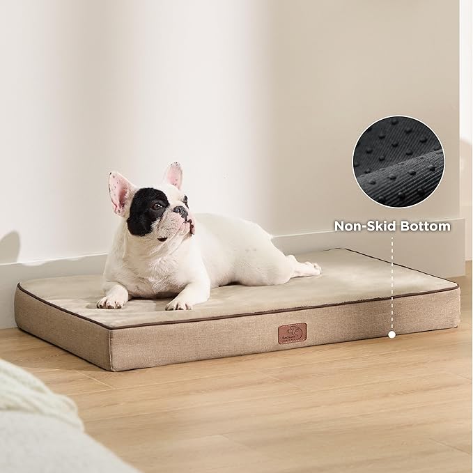 Bedsure Memory Foam Dog Bed Medium Size Dogs- Orthopedic Pet Beds for Crate with Removable Washable Cover and Nonskid Bottom - Plush Flannel Fleece Top Pet Mat, Khaki