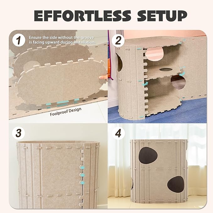 PETKARAY 2-Story Felt Cat House, Large Bed Cave for Indoor Cats, Felt Tunnel Hideaway Condo for Multi-Cat Households, 23.6x22x12 inches, Beige