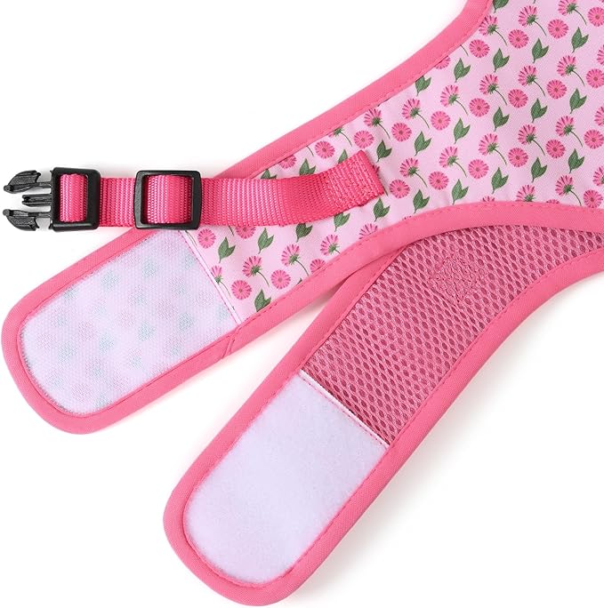 Mile High Life Dog Harness, Air Mesh Floral Vest Harness for 20 lbs Small Dogs & Cats, Easy Get on Adjustable Easy Closures Both Neck and Chest(Pink Flower, M Chest 18"-20")