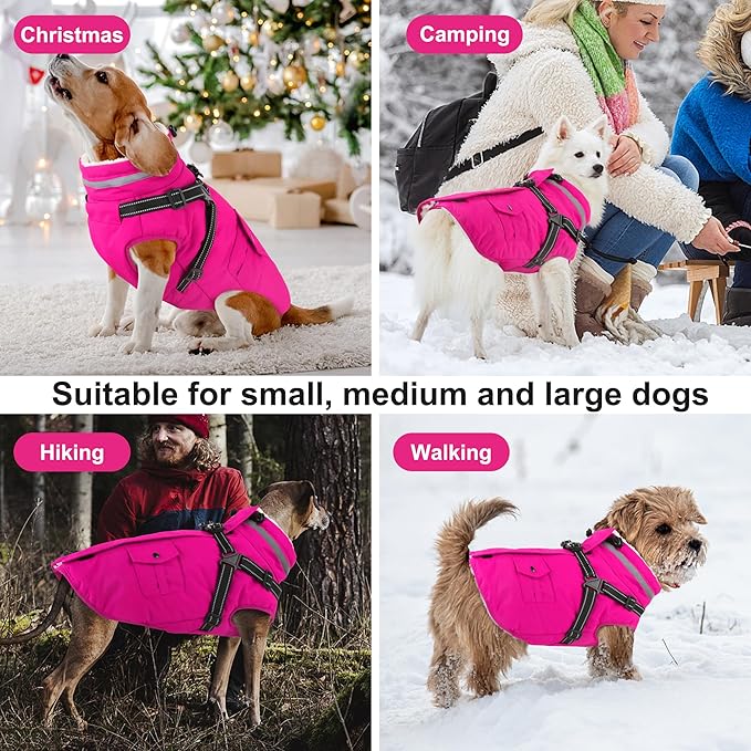 Dogcheer Dog Coat with Harness, Waterproof Warm Dog Winter Jacket with Pockets, Reflective Pet Fleece Jacket Turtleneck Snowsuit for Small Medium Large Dogs - Pink, 3XL