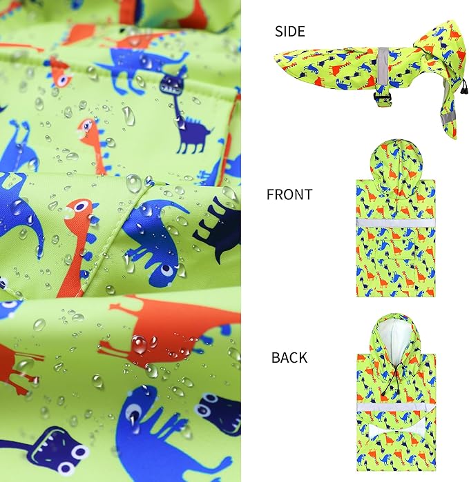 NACOCO Large Dog Raincoat Adjustable - Pet Dinosaurs Water Proof Clothes Lightweight Rain Jacket Poncho Hoodies with Strip Reflective Green (XXXL, Green Dinosaur)