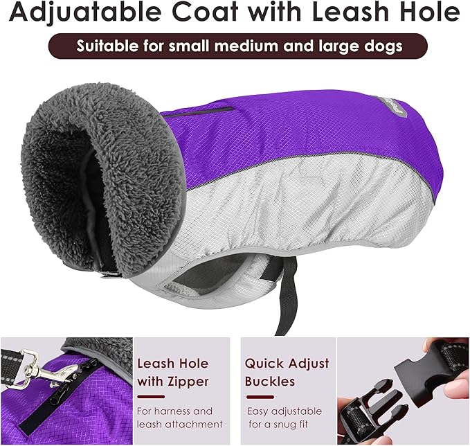 Dog Coat, Waterproof Ripstop Dog Winter Jacket with Leash Hole, Reflective Adjustable Warm Pet Fleece Snow Sweater for Small Medium Large Dogs - Purple, M