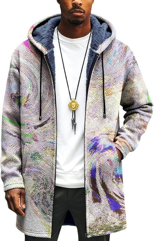 LIZALIG Long Hooded Cardigan Men Japanese Art Style Fashion Cool Graphic Coats Winter Warm Lined Fleece Jacket