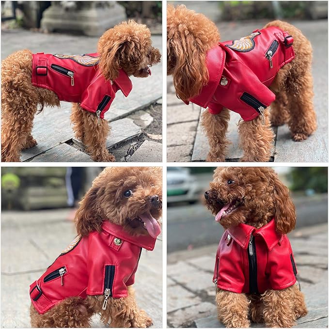 Lovelonglong Cool Dog Leather Jacket, Warm Coats Dogs Windproof Cold Weather Coats for Large Medium Small Dogs with Eagle Embroidery Red XL