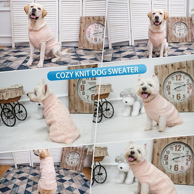 Mihachi Turtleneck Dog Sweater - Winter Coat Apparel Classic Cable Knit Clothes with Leash Hole for Cold Weather, Ideal Gift for Pet in New Year Rosy X-Small