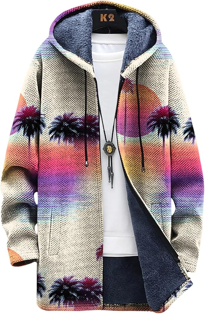 LIZALIG Long Hooded Cardigan Men Japanese Art Style Fashion Cool Graphic Coats Winter Warm Lined Fleece Jacket