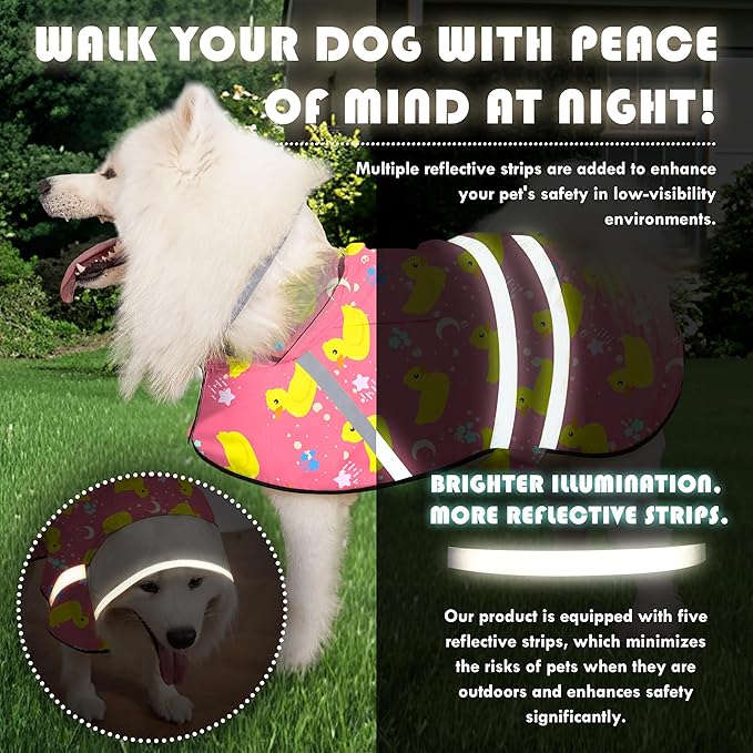 Dog Raincoat, Adjustable Rain Jacket with Hooded Double Layer for Large Medium Small Dogs Puppies, Lightweight Waterproof Rain Coat Poncho with Reflective Stripe Duck Pink,L