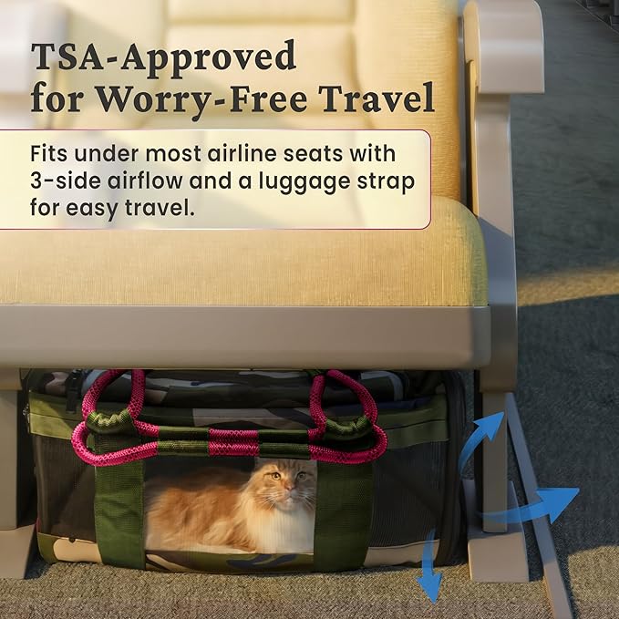 | TSA Airline Approved |Soft Sided Pet Carrier | Cat Carrier | Dog Carrier| Pets Up to 15 lbs | Leash & Luggage Strap | Camo Pink Handle