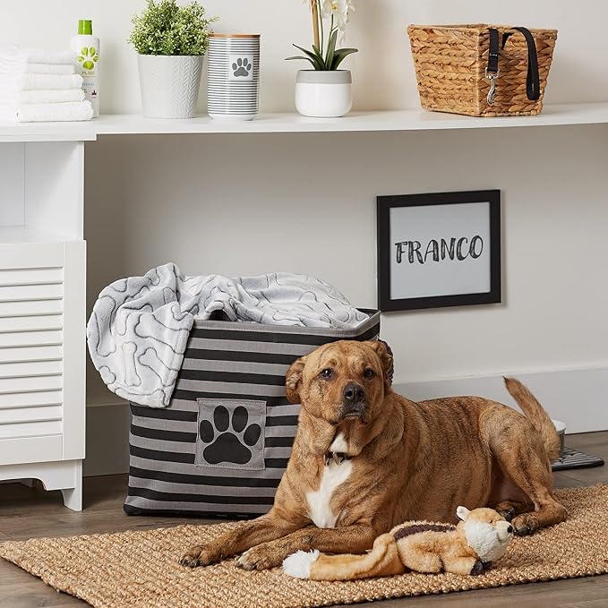 Bone Dry Pet Storage Collection Striped Paw Patch Bin, Black, Large Rectangle