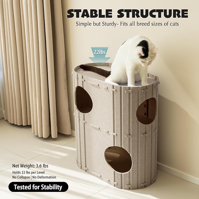 PETKARAY 2-Story Felt Cat House, Large Bed Cave for Indoor Cats, Felt Tunnel Hideaway Condo for Multi-Cat Households, 23.6x22x12 inches, Beige