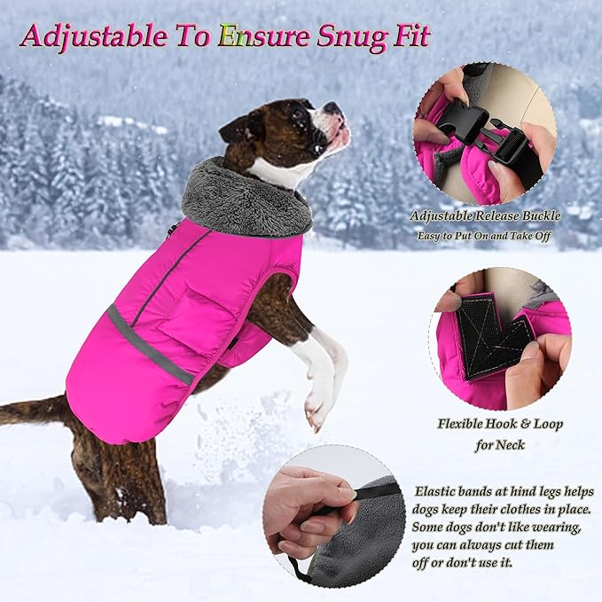 Dogcheer Warm Dog Coat, Christmas Dog Jacket Waterproof Puppy Winter Coat with Buckles, Reflective Adjustable Pet Snow Jacket Turtleneck Fleece Sweater for Small Medium Large Dogs - Pink, 2XL