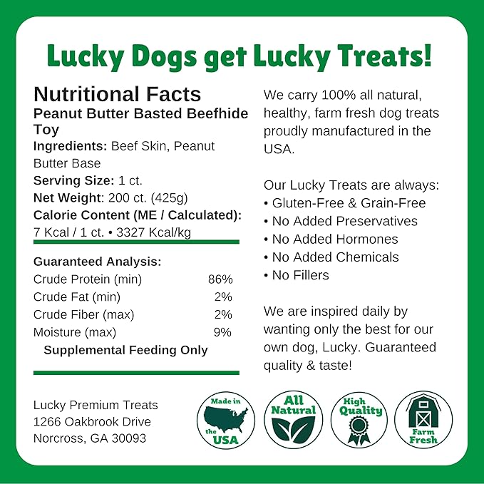 Lucky Premium Treats Peanut Butter Basted Rawhide – All-Natural Rawhide and Peanut Butter Dog Treats for Extra Small Dogs, Gluten Free Premium Toy Breed Dog Treats (200 Chews)