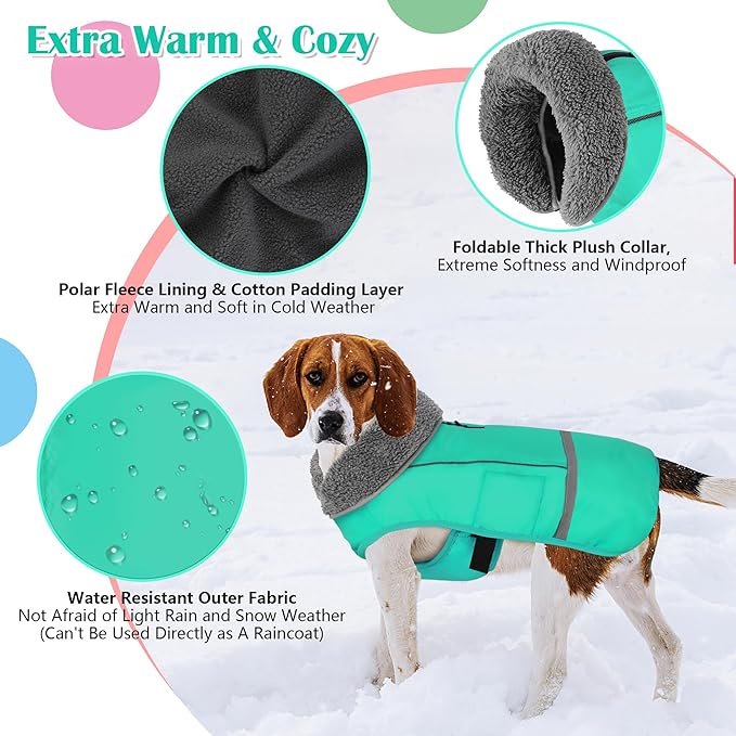 Dogcheer Warm Dog Coat, Waterproof Dog Jacket Christmas Puppy Winter Coat with Buckle, Reflective Adjustable Pet Snow Jacket Turtleneck Fleece Sweater for Small Medium Large Dogs - Pine Green, S