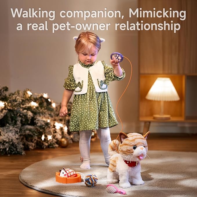OR OR TU Walking Talking Toy Cat with Remote Control Leash, Plush Pet Electronic Interactive Toys for Kids, Wag Tail, Singing, Pretend Dress Up Realistic Stuffed Cat Age 3 4 5+ Years Old Best Gift