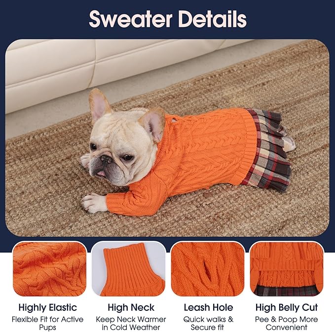 IECOii Girl XXXL Dog Sweater Dress, Girl Dog Sweaters for Extra Large Dogs Turleneck, Orange, XXXLarge, Thermal Warm Knitwear with Leash Hole, Adorable Cable Knit Sweater for Christmas & Thanksgiving