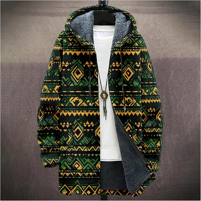 Mens Aztec Print Hoodie Heavyweight Cotton Fleece Jacket Zip Up Warm Long Sleeve Hooded Winter Midi Coat
