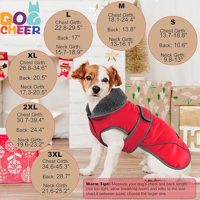 Dogcheer Dog Coat, Waterproof Dog Jacket Reflective Pet Winter Coat with Adjustable Hook & Loop, Christmas Puppy Fleece Jacket Warm Turtleneck Snowsuit for Small Medium Large Dogs - Red, 3XL