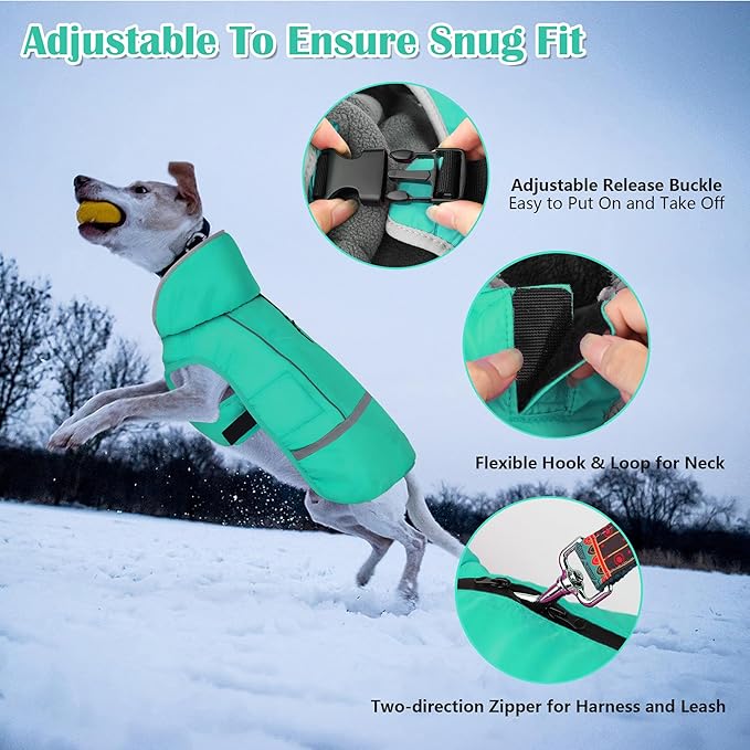 Dogcheer Warm Dog Coat, Waterproof Dog Jacket Christmas Puppy Winter Coat with Buckle, Reflective Adjustable Pet Snow Jacket Turtleneck Fleece Sweater for Small Medium Large Dogs - Pine Green, L