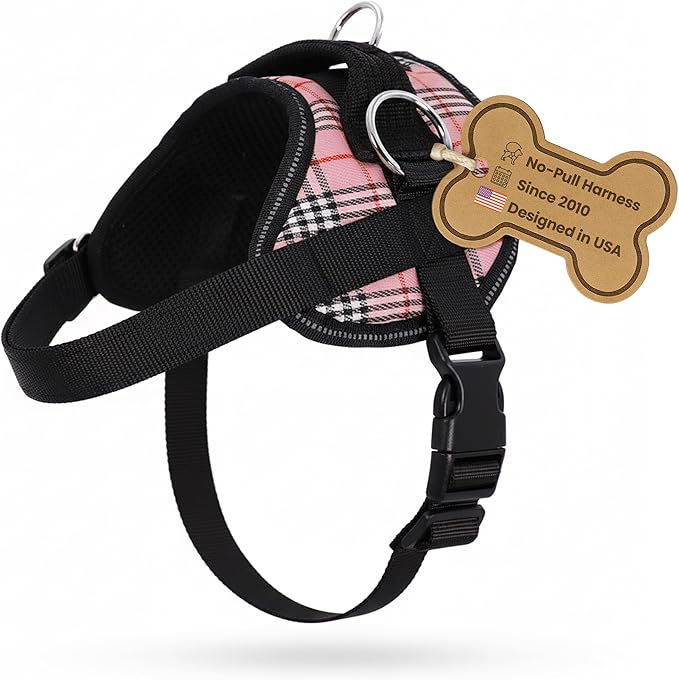 Bark Appeal Pink Plaid No-Pull Dog Harness for XS to Small Sized Pets – Adjustable, Reflective Vest with 3 Leash Clips for Added Control, Easy Walks & Training – Small