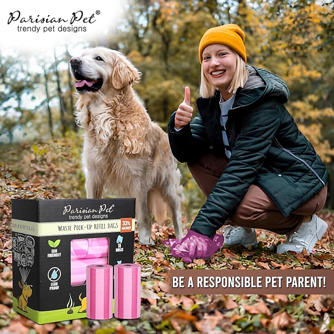 Parisian Pet Ecofriendly Dog Poop Bags Rolls - 320 Count Unscented Poop Bags For Dogs - Leakproof, Extra Thick, 16 Dog Waste Bags Refill Rolls - Striped Pink Doggie Poop Bags - Fits All Dispenser