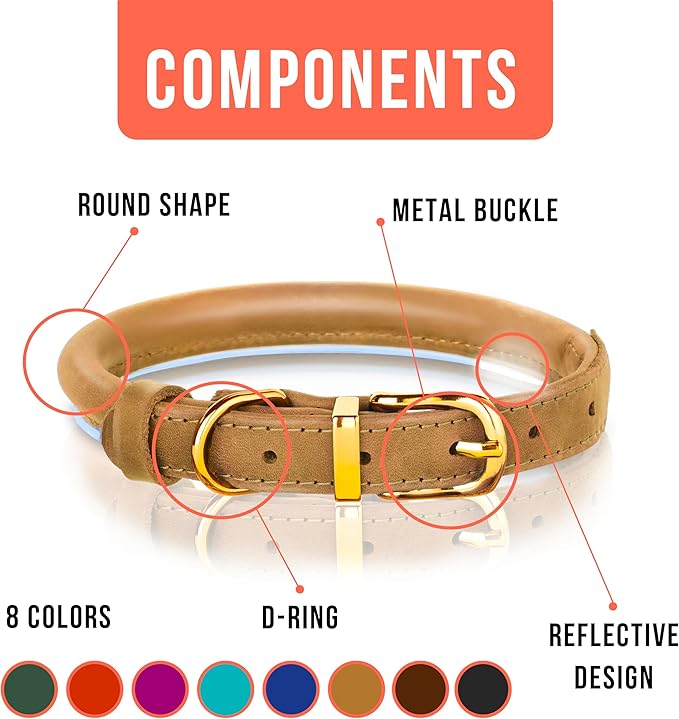 OOPSDOGGY Reflective Rolled Leather Dog Collar Adjustable Soft Padded Pet Collar for Small Medium Large Breed Dogs (Camel, S, 10"-13")