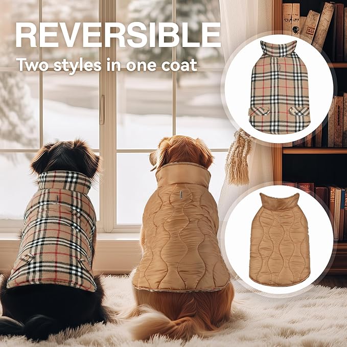 VIVAGLORY Softjoy Dog Coat, Dog Jacket for Winter & Christmas, Coat with Harness Hole & Velcro Closure, Reversible Plaid Checkered Warm Fluffy Heavy Duty for Puppy, XS, Khaki