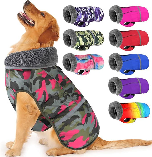 Dogcheer Warm Dog Coat, Waterproof Dog Jacket Reflective Adjustable Puppy Winter Coat with Buckle, Christmas Pet Snow Jacket Turtleneck Fleece Sweater for Small Medium Large Dogs - Camo Pink, XL