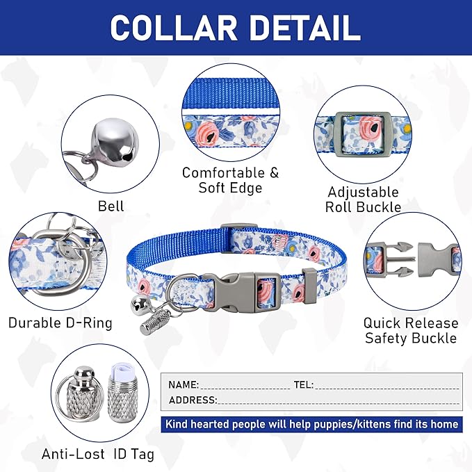 GAMUDA Small Dog Harness Collar and Leash Set, Step in No Chock No Pull Soft Mesh Adjustable Dog Vest Harnesses Plaid Reflective for Dogs Puppy Cats Kitten Rabbit (Blue Flower, XS)