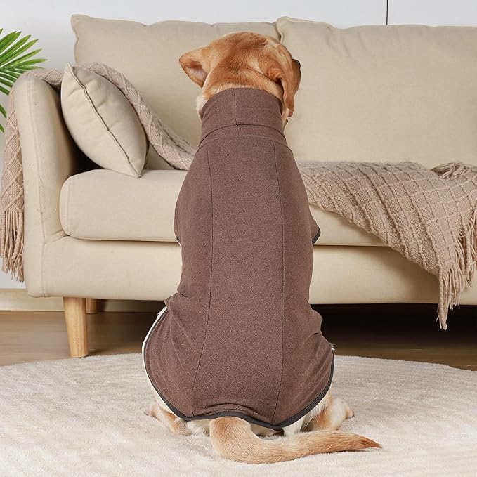 ROZKITCH Fleece Dog Sweatshirts for Large Dogs, Pet Windproof Warm Cold Weather Jacket Vest Cozy Jumpsuit Apparel Outfit Clothes for Walking Hiking Travel Sleep Brown 2XL