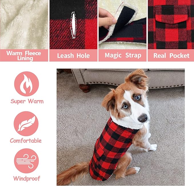 Malier Classic Plaid Fleece Dog Coat - Warm Winter Jacket with Pocket, Windproof for Small, Medium, Large Dogs (Red, X-Large)