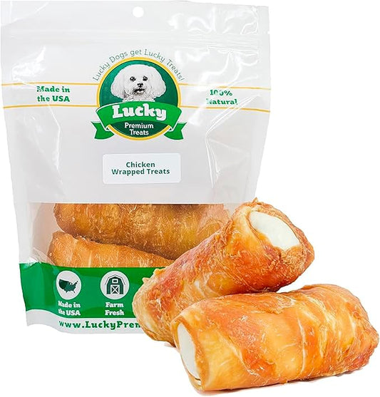 Lucky Premium Treats Chicken Wrapped Dog Treats – USA Made Raw Hide Sticks for Extra Large Size Dogs – Long Lasting, Preservative Free Dog Treats – 2 Chews