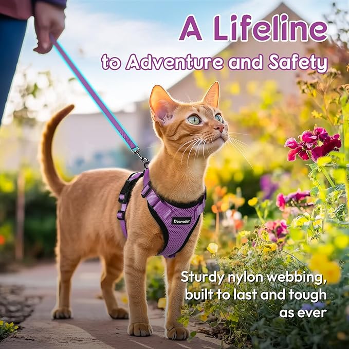 Dooradar Cat Harness and Leash Set, Escape Proof Safe Adjustable Kitten Vest Harnesses for Walking, Easy Control Soft Breathable Mesh Jacket with Reflective Strips for Cats, Purple, M