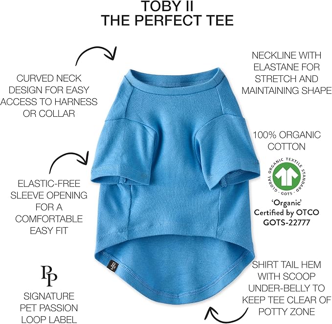 Toby II - The Perfect Tee, 8 Pack Short Sleeve Pet T-Shirt 100% Organic Cotton Tees Clothes for Small, Medium, Large Dogs, Rainbow Blue, Medium