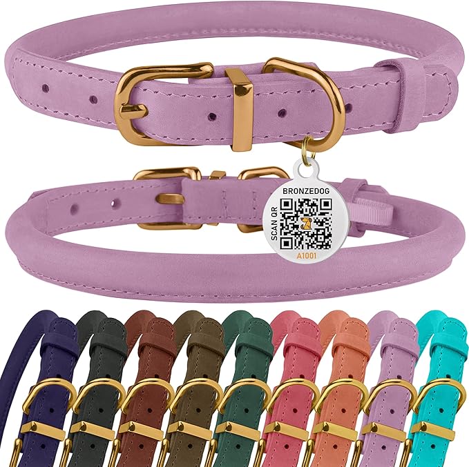BronzeDog Rolled Leather Dog Collar with QR ID Tag, Adjustable Soft Round Collars for Small Medium Large Dogs Puppy (11" - 14 1/2" Neck Size, Lavender)