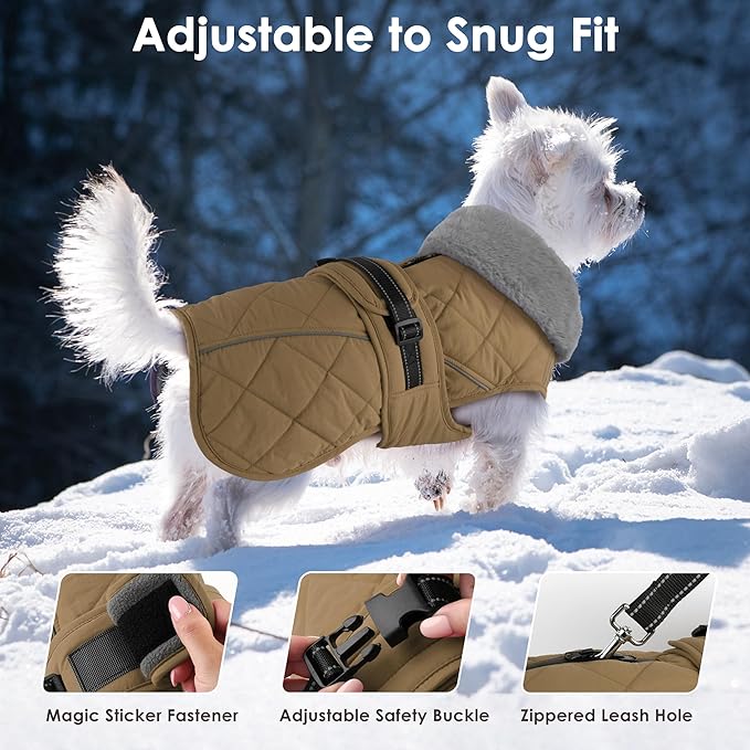 Dog Coat, Waterproof Dog Winter Jacket with Adjustable Buckle, Reflective Turtleneck Pet Snow Vest Warm Fleece Sweater for Small Medium Large Dogs - Khaki, 2XL