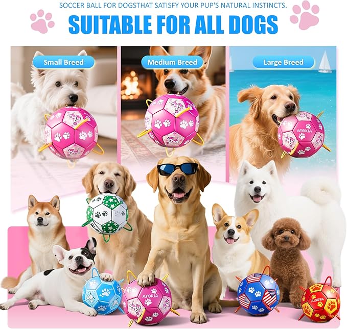 Size 2 Pink Dog Soccer Ball with Straps Durable Training Ball for Pets, Interactive Outdoor Dog Toy for Small to Medium Puppies Essential Pet Supplies