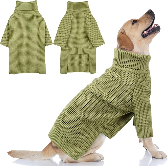 Queenmore Turtleneck Long Sleeve Knitted Sweater with Check Pattern, Fall Winter Warm Sweaters for Small to 3XL Dogs & Cats, Green