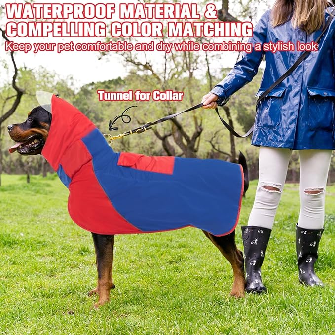 BINGPET Dog Raincoat - Adjustable, Waterproof & Snowproof Rain Jacket for Medium & Large Dogs (Red-Blue, XL)