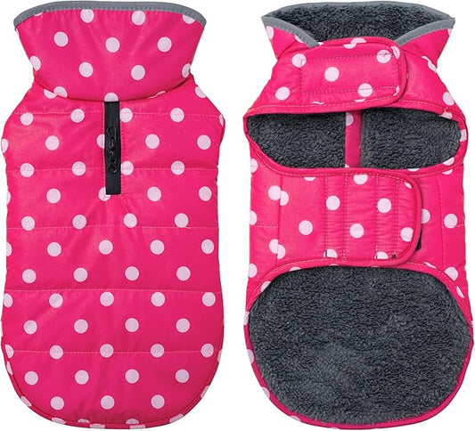 Dog Winter Coat, Waterproof Dog Jacket with Leash Hole, Reflective Adjustable Pet Snow Vest, Warm Fleece Sweater for Small Medium Large Dogs - Pink Polka Dot, L