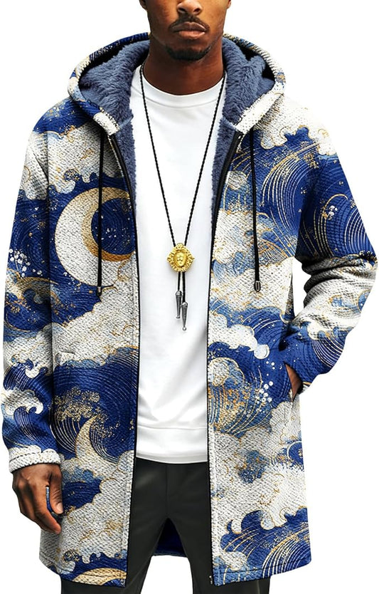 Mens Long Cardigan Hoodies Full Zip Fleece Lined Jackets Fashion Knitted Color Block Hooded Coat with Pockets