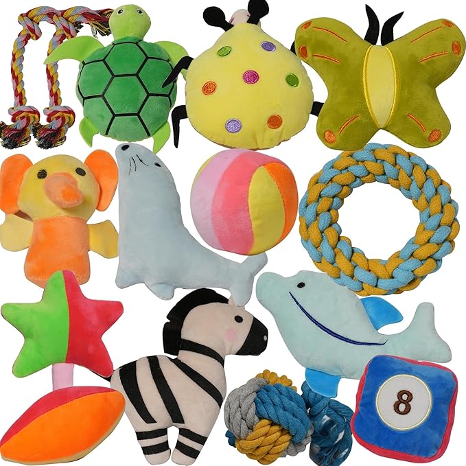 Puppies Pet Multiple Designs Rope Dog Chew Toys,Cute Stuffed Plush Puppy Squeaky Toys for Small Medium Dogs Interactive Play Exercise (Pack of 15)