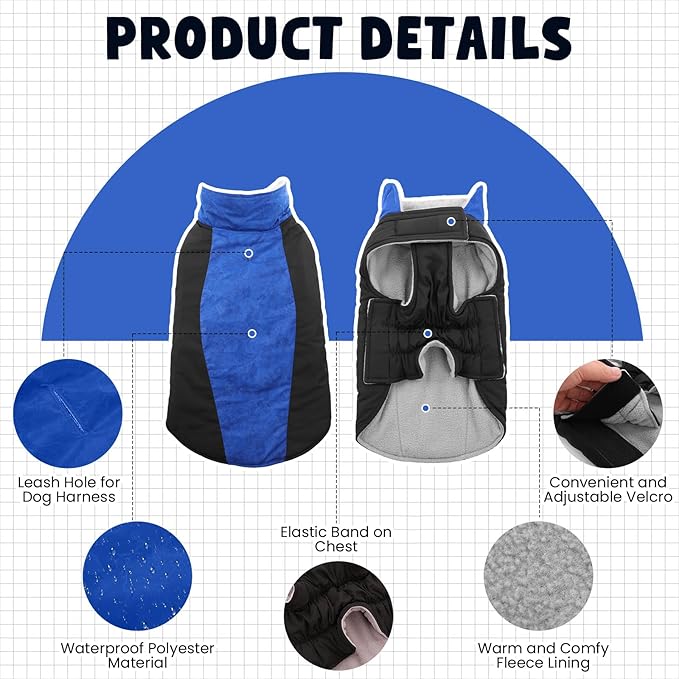 Warm Dog Coat,Waterproof Jacket in Winter Adjustable and Reversible Doggy Fleece Outfit,Thick Clothes with Foldable Collar for Puppy in Cold Days,S RoyalBlue