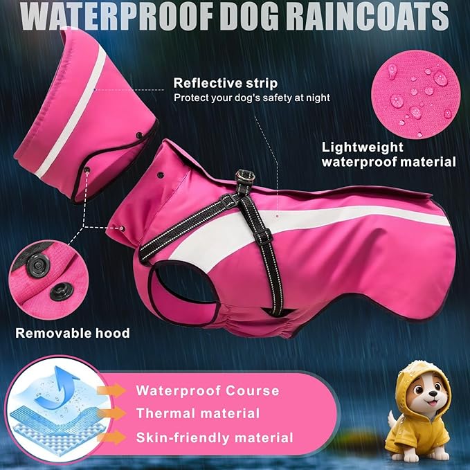 Mosucoirl Dog Raincoat Waterproof Raincoats for Dog Reflective Dogs Rain Jackets with Hood Hoodie Pet Rain Poncho Coat for Small Medium Large Dogs Puppies S-XXL (Pink, M)
