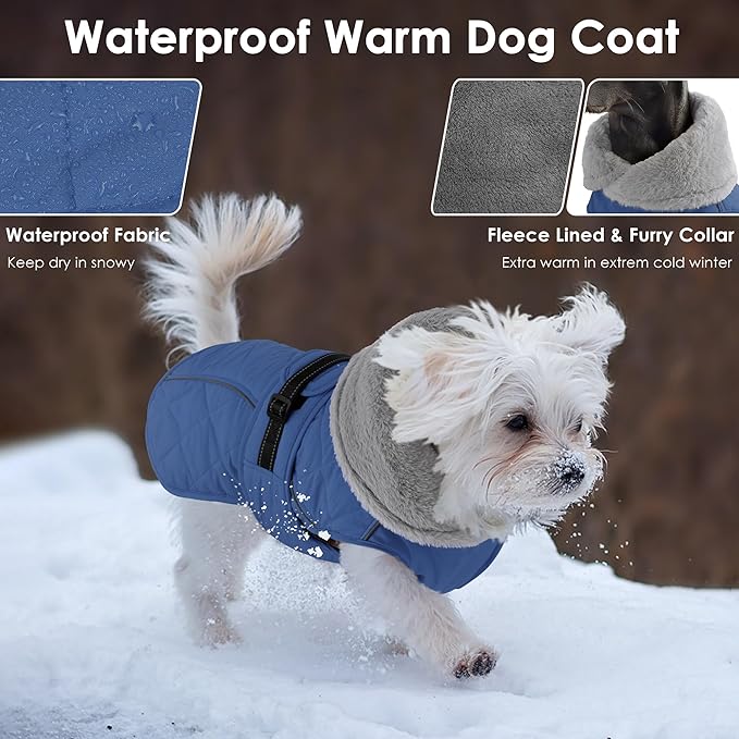 Dog Coat, Waterproof Dog Winter Jacket with Adjustable Buckle, Reflective Turtleneck Pet Snow Vest Warm Fleece Sweater for Small Medium Large Dogs - Blue, S