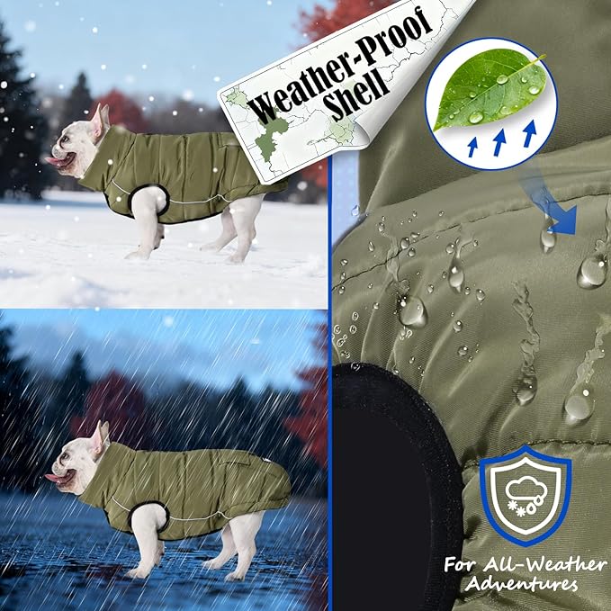 Dog Winter Jacket Waterproof, Reflective Fleece Lined Dog Coats for Small Medium Large Dogs, Warm Snow Coat for Dogs, Insulated Cold Weather Dogs Puffer Jackets with Leash Hole, Olive, XL