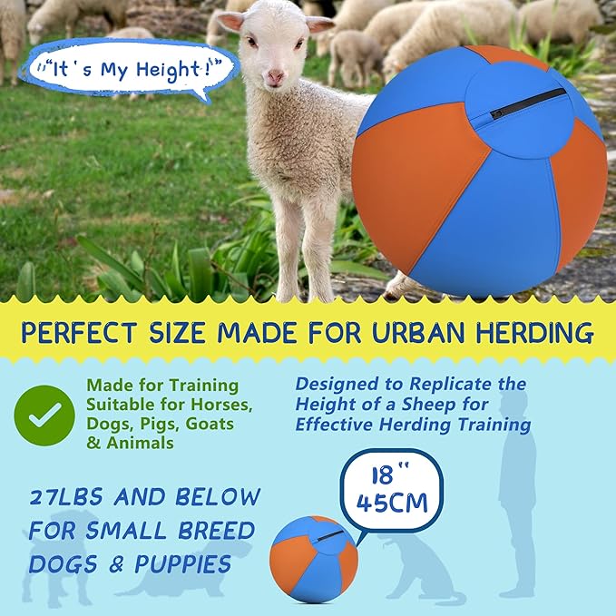 Herding Ball for Dogs and Horses - 18" Jolly Ball for Dogs, Agility Training Equipment, Herding for Australian/German Shepherd, Improved Bite-Resistant, Reinforced Sewing Dog Toys - Blue&Orange (NEW)