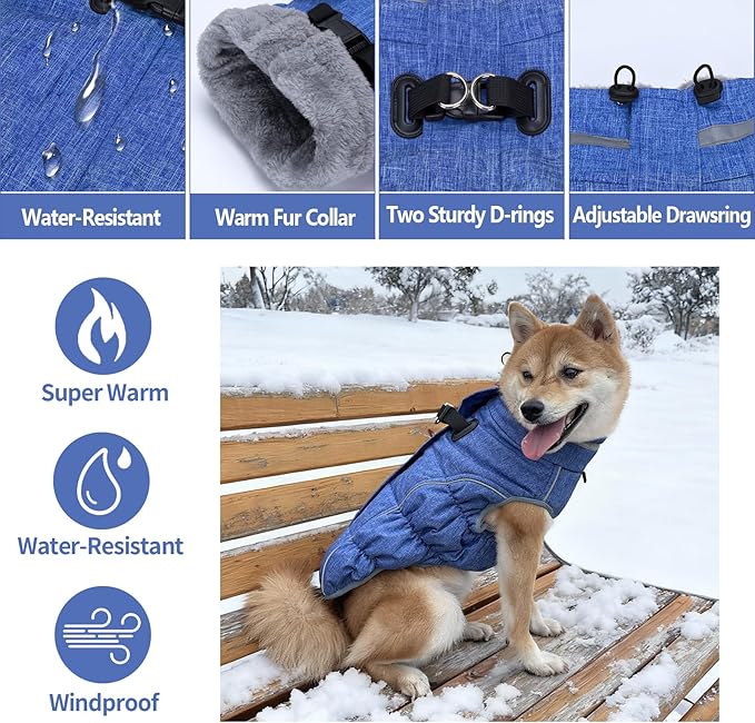 Malier Dog Coat, Reflective Dog Jacket Waterproof Windproof Puppy Cold Weather Coats with Harness Built in, Winter Extra Warm Pet Coat Fleece Vest for Small Large Pets and Puppy (Blue, Small)