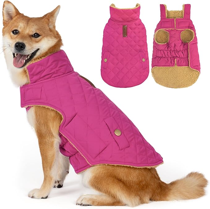 Dog Coat, Warm Winter Dog Waterproof Jacket for Medium Dogs, Fleece Lined Adjustable Dogs Coats Cold Weather Windproof Doggie Snowsuit with Leash Hole, Rose Red X-Large