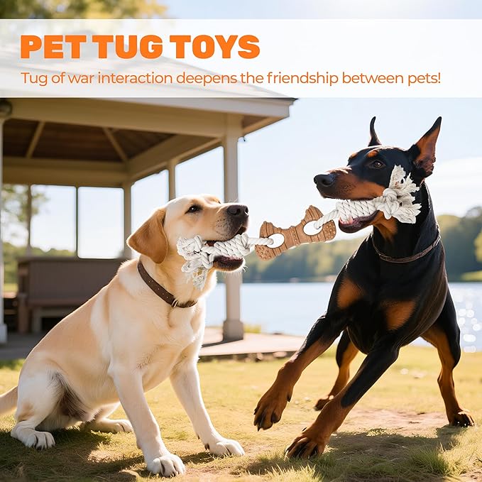 Dog Rope Toy for Aggressive Chewers, Tug and Teething Toy with Natural Cotton Rope and Wood-Plastic Bone, Durable Chew Toy for Medium to Large Dogs 20-60lb