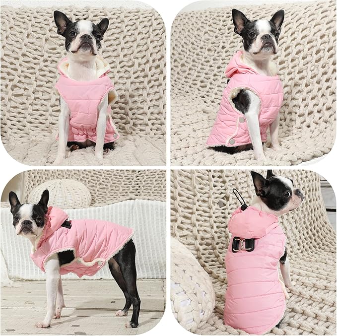 Fleece Lining Dog Hoodie with Harness Built in,Extra Warm Small Dog Jacket in Winter Puppy Coats with Drawstring Hooded,Light Pink M